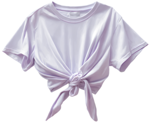 White T-shirt tied at the front, short sleeves, pastel purple color, transparent background.