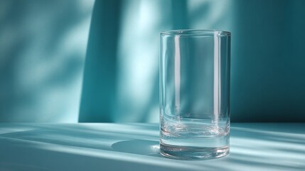 Empty glass on silky teal fabric with soft lighting in minimalist luxury drinking product scene