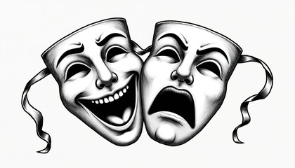 Illustration of comedy and tragedy masks. Black and white line art graphic design representing emotions theater drama. Contrast happy sad expressions for advertising entertainment or visual arts.