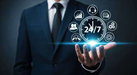 Man in suit displaying 24 7 service icons and clock graphic