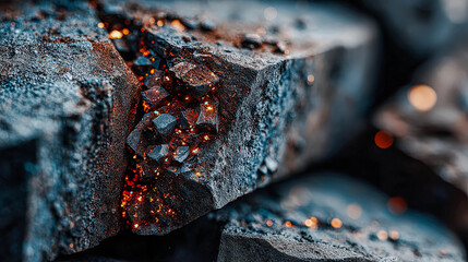 Dark mineral rock with glowing orange crystals and sparkling particles. Texture of natural stone with glimmering elements for geology concept.
