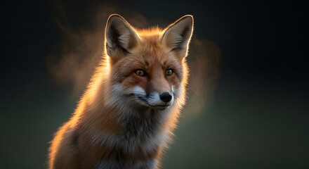 Fototapeta premium Serene portrait of a wild red fox backlit by the golden hour sun, its warm breath misting in the cool air.