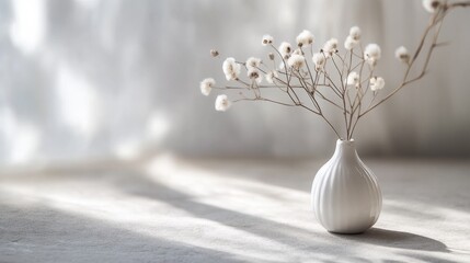 Minimal ceramic white vase with cotton stems and long soft shadows on textured surface decor scene