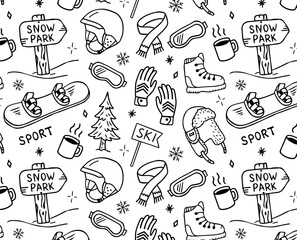 Seamless pattern with winter sport icons: snowboard, helmets, gloves, scarves, boots, mugs, ski signs and trees. Hand-drawn black and white vector doodle. Ideal for prints, web, packaging, stickers. © Natalya