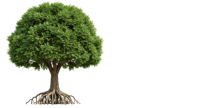 Majestic, mature tree, strong brown trunk, intricate exposed roots, lush green canopy, isolated against pristine transparent, negative space, symbolizing enduring growth and unwavering stability.