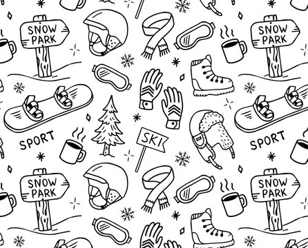 Seamless pattern with winter sport icons: snowboard, helmets, gloves, scarves, boots, mugs, ski signs and trees. Hand-drawn black and white vector doodle. Ideal for prints, web, packaging, stickers.