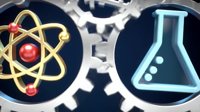Atom model and Erlenmeyer flask icon inside interlocking gears, representing science, technology, and engineering concepts.