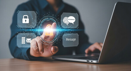 Person interacting with cybersecurity icons on a futuristic interface