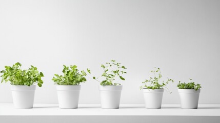 Fototapeta premium Minimal indoor plant pots arranged in row on white shelf with soft natural light background