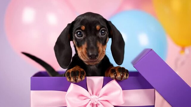 Adorable Dachshund Puppy Peeking Out of a Gift Box Surrounded by Balloons
