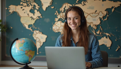 Smiling woman in headset works on laptop at call center. Globe and world map background. Pro female customer service representative offers assistance and communication support.