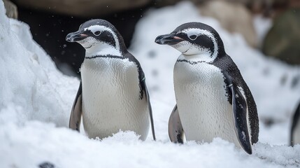 Adorable Two Emperor Penguins Standing on Snow with Bright White and Black Feathers in Antartic Environment during Cold Weather