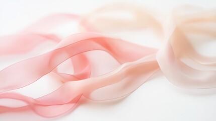 Flowing pink and beige translucent ribbons creating elegant abstract minimalist wave motion on white background