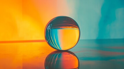 Glass sphere reflecting orange and blue background with creative symmetry lighting minimal modern perspective