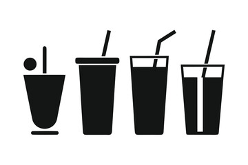 Set of four black silhouette icons representing different types of drinks in glasses and cups with straws, isolated on white background