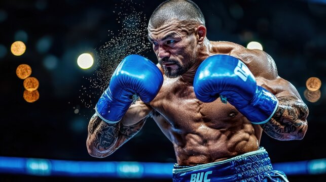 Intense boxing match featuring a muscular male athlete throwing a punch with blue gloves in a dark arena, water droplets splashing, capturing focus, strength, determination and action