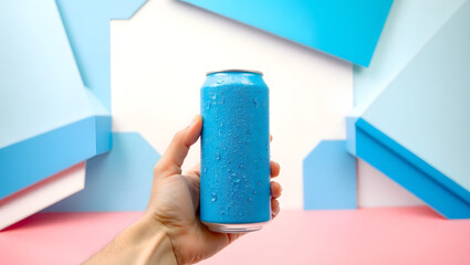 A refreshing beverage can held in a hand, vibrant and cool