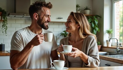 Happy couple enjoying coffee and smiling at each other in a bright, cozy kitchen