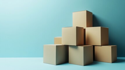 Obraz premium Stacked cardboard boxes in minimalist arrangement with soft pastel blue background packaging delivery concept