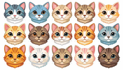 Fototapeta premium Cat Head Collection: A delightful assortment of cat heads, showcasing a spectrum of colors and patterns, creating a playful and charming compilation of feline expressions and hues.