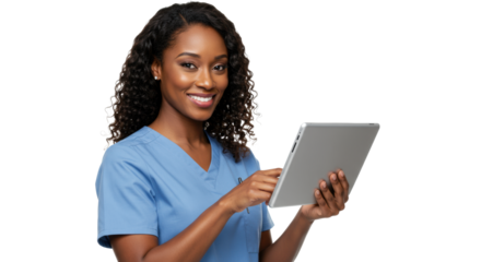 Mid-30s african american healthcare professional woman with warm smile holding digital tablet in blue scrubs, on bright white background with negative space, concept of modern healthcare innovation