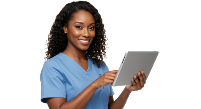 Mid-30s african american healthcare professional woman with warm smile holding digital tablet in blue scrubs, on bright white background with negative space, concept of modern healthcare innovation