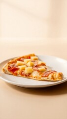 slice ceramic plate cheese neutral background pizza 45 degree angle ham pineapple hawaiian
