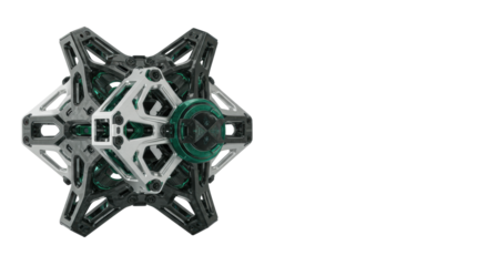 Abstract, complex sculptural form with geometric elements, polished chrome, carbon fiber, blue accents on transparent studio background. Concept of strategic innovation