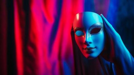 Mysterious figure in neon light with glowing mask surreal artistic portrait fantasy themed photo