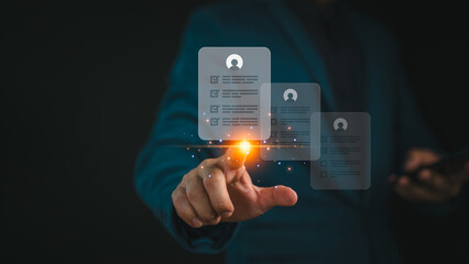 Businessman touching a digital candidate profile interface, selecting employee for recruitment. Concept of digital HR technology, job screening, resume evaluation, and human resources management.