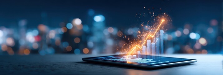 A tablet displaying a rising graph, with vibrant spark effects, set against a blurred cityscape background at night.