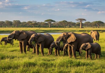 A herd of elephants walks across lush green grasslands, ideal for elephants to hunt for grass, with acacia trees in the background. Bright daylight, protected forest for elephants