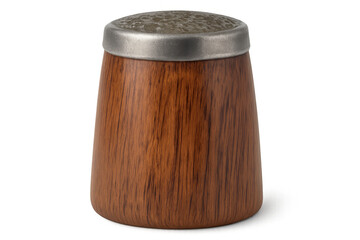 Fototapeta premium Rustic wooden jar featuring hammered metal lid, preserving spices or small items against clean transparent backdrop