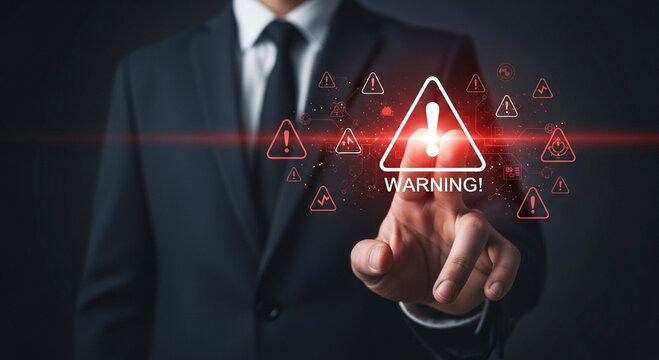 Businessman touches a glowing warning symbol with a red alert notification