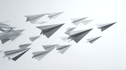 Many paper airplanes soaring, light gray background