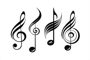 Set of stylized black treble clef and musical note silhouettes on a white background, representing music and melody