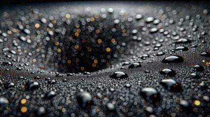 Textured surface with water drops and abstract bokeh pattern. Hydrophobic nanotechnology for automotive innovation and coating concept.