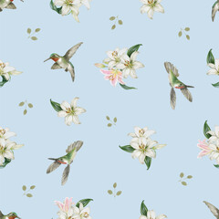 Seamless pattern of flower and birds hand drawn watercolor.