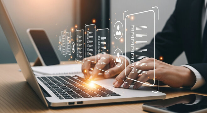 Businessman analyzing financial data on a laptop with holographic projections