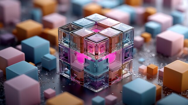 Pastel Pink Geometric Cube Composition - Soft 3D Abstract Blocks in Colorful Gradient - Cinema 4D & Octane Render of Playful Matte Shapes