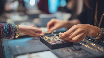 Fototapeta premium pastel jewelry store scene with seller guiding customer through bracelet selection