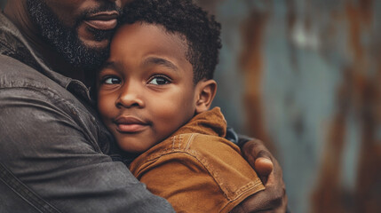Father embracing young son in warm, protective hug, expressing love, trust and security with close-up focus and soft natural lighting in an intimate moment.