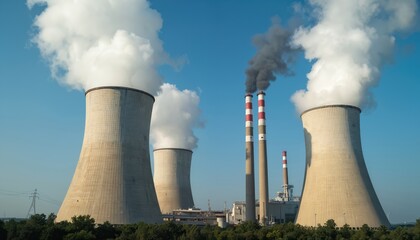 Nuclear power plant with cooling towers, smokestacks emitting steam, dark smoke into clear blue sky. Industrial complex represents energy production, environmental concerns, large-scale manufacturing