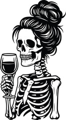 Skeleton Holding Wine Glass - Skeleton Messy bun holding a Drink