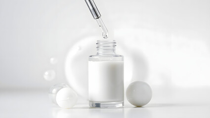 A cosmetic bottle, a serum or lotion, with a dropper dispensing the product. The product is clear with a beautiful backdrop