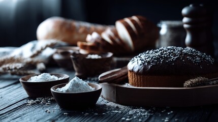 Artisan rustic bakery bread and ingredients on dark moody background with flour texture culinary concept