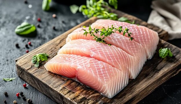 Fresh raw fish fillets on rustic wooden cutting board, pink and white fish meat with silver skin, glistening wet texture, dark wooden background