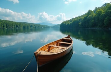 Obraz premium Wooden boat floats on calm lake water, surrounded by rich green forest under blue sky with white clouds. Serene natural landscape evokes peaceful summer vacation, outdoor recreation, tranquil journey.