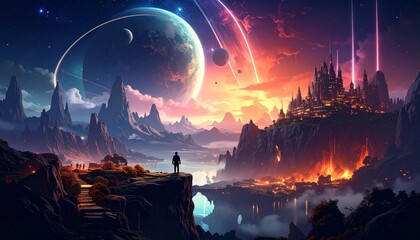 A solitary figure stands on a clifftop, gazing at a breathtaking alien cityscape glowing under a vibrant celestial sky, fantasy landscape