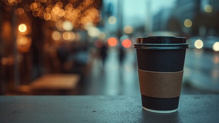 A steaming black coffee cup sits on a ledge in the city du a soft rain as pedestrians walk by among the buildings with the golden bokeh lights shining.